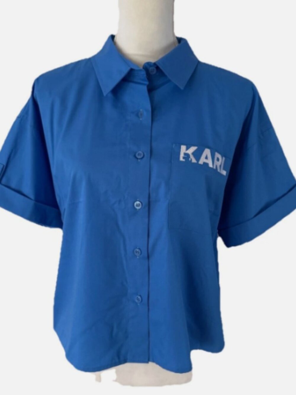 Karl Lagerfeld Paris Women’s XL Blue Cotton Poplin Button Down Shirt Top NWT